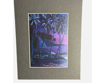 Kap Te’o Tafiti Signed Print Hawaiian Artist Night in Hawaii Dusk View Palm Trees Hut Ocean