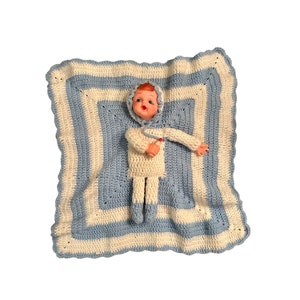 Vintage Handmade Baby Blanket Doll Blue White Crochet Bottle Plush