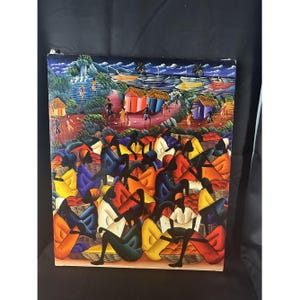May include: A colorful painting depicting a bustling marketplace scene with numerous figures in various shades of blue, red, yellow, and green. The figures are arranged in a semi-circle, creating a sense of community and activity. The background features a vibrant landscape with houses and a body of water.