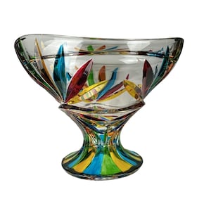Hand-Painted Multicolor Glass Bowl With Pedestal Murano Glass Starburst Compote Jar, Made in Italy FIRENZE No Top