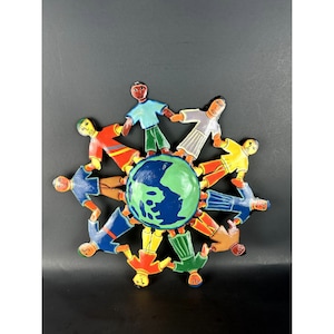 Vintage Children of the World Oil Drum Metal Hand Painted Sign From Haiti 11” Wall Decor Small World