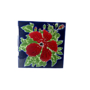 VTG Red Flower Knossos Katsidoniotis Bros Art Tile Handpainted Greece