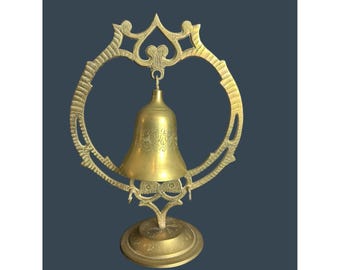 Vtg Etched Brass India Gong Bell w/ stand *Missing the mallet Etched Made India