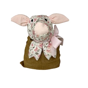 Adorable Large Country Pig in Burlap Sack Doorstop Farmhouse Decor Weighted Bottom pink floral