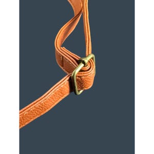 May include: Close-up of a brown leather strap with a brass-colored buckle. The strap is folded over itself and secured by the buckle. The background is a dark blue-gray color.
