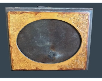 Vintage Handcrafted Leather Embossed Picture Frame Wood Back Western Cabin Decor