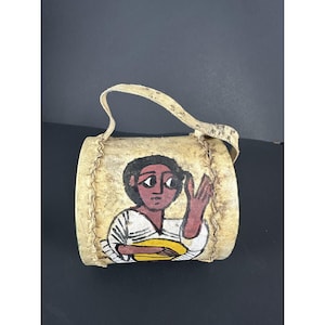 Hand-Painted Ethiopian Leather Drum With Traditional Artwork & Carrying Strap