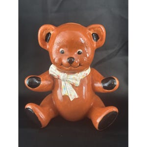 Vintage Rob Roy Brown Teddy Bear Ceramic Coin Bank With Bowtie And Stopper