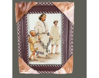 VTG Adis Gebru Impresión de arte etíope en marco de cuero de vaca tribal hecho a mano