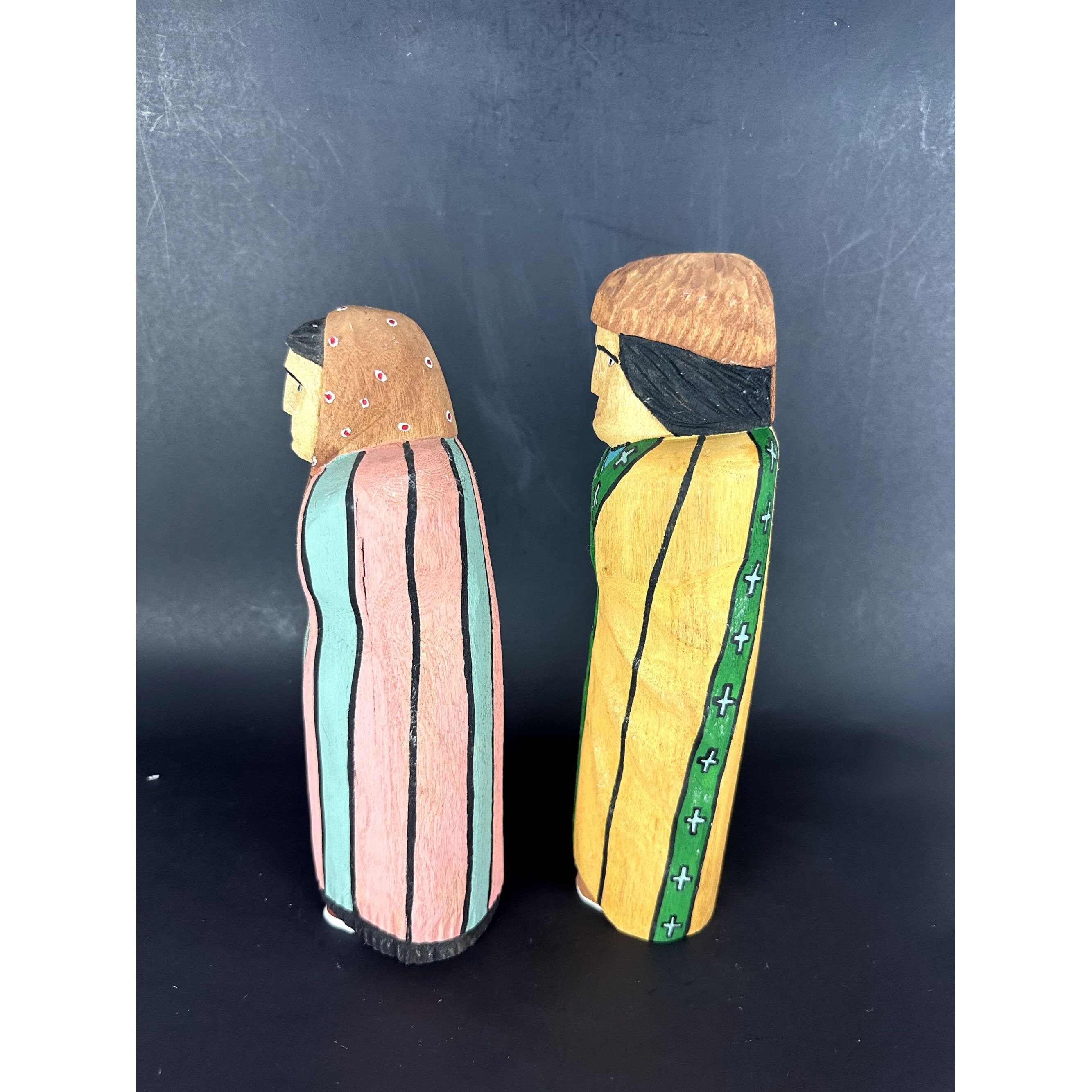Dennis Pioche Polychrome Carved Wood Figures Pair Couple Man and