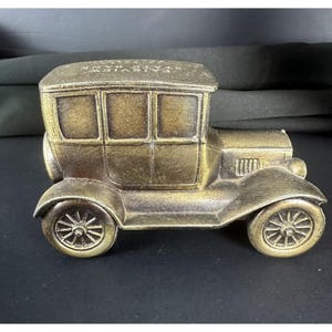Vintage Fairview State Bank Diecast Metal Model T Car Coin Bank Gold with Key