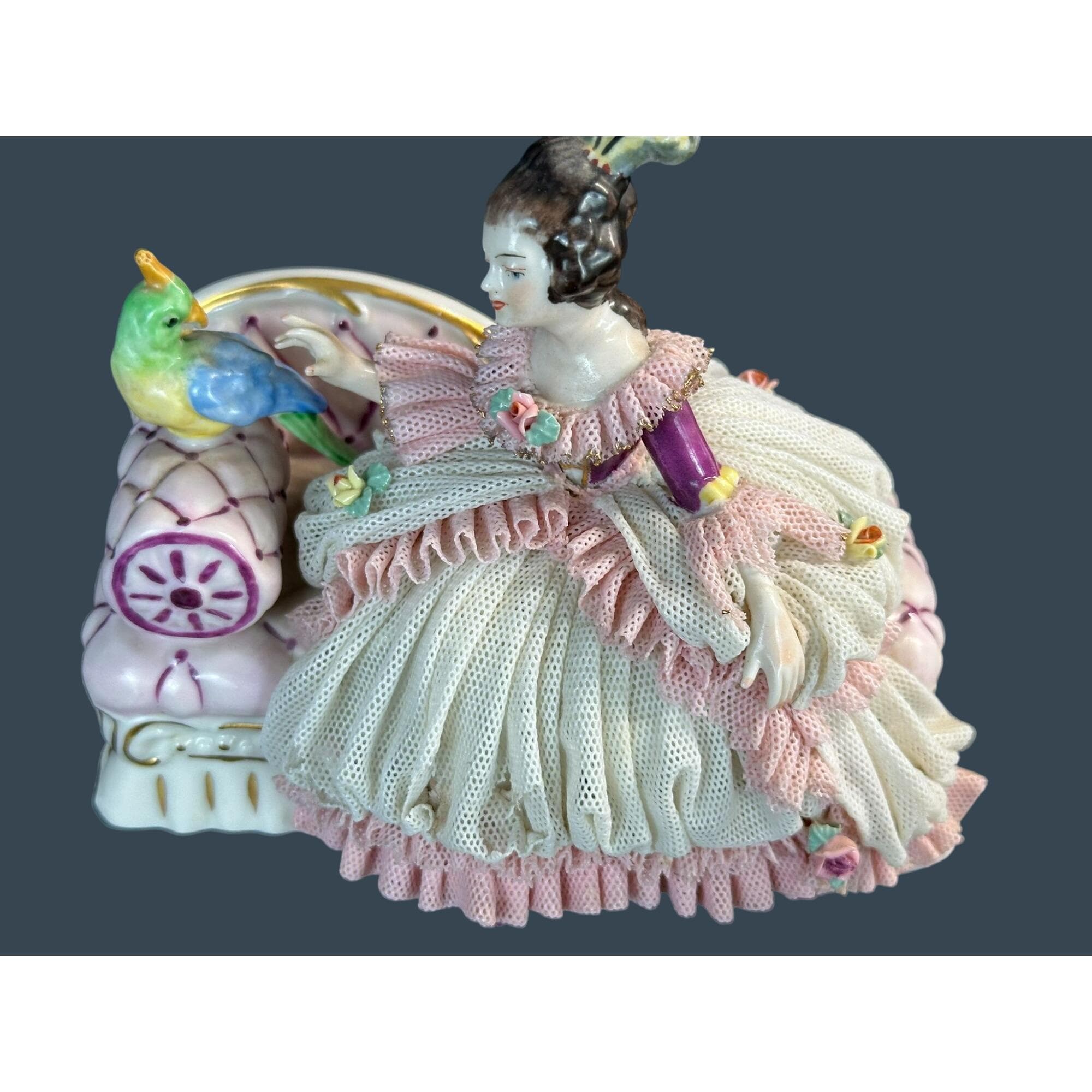 Dresden Art Porcelain Lace Figurine Woman With Parrot Frankenthal