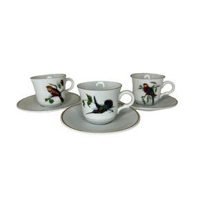 Vintage PMR Bavaria Germany Jaeger & Co. Mini Bird Themed Cups and Saucers Golden Crown Set of 3