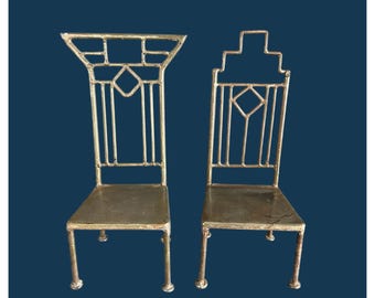 Paar VTG Art-Deco-Stil Miniatur Metall Stühle Handmade Design Blumenständer