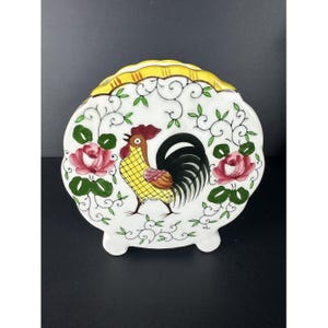 Vintage PY UCAGCO Early Provincial Roosters And Roses Hand-Painted Ceramic Rooster Vase Planter Floral Design Utensil Holder