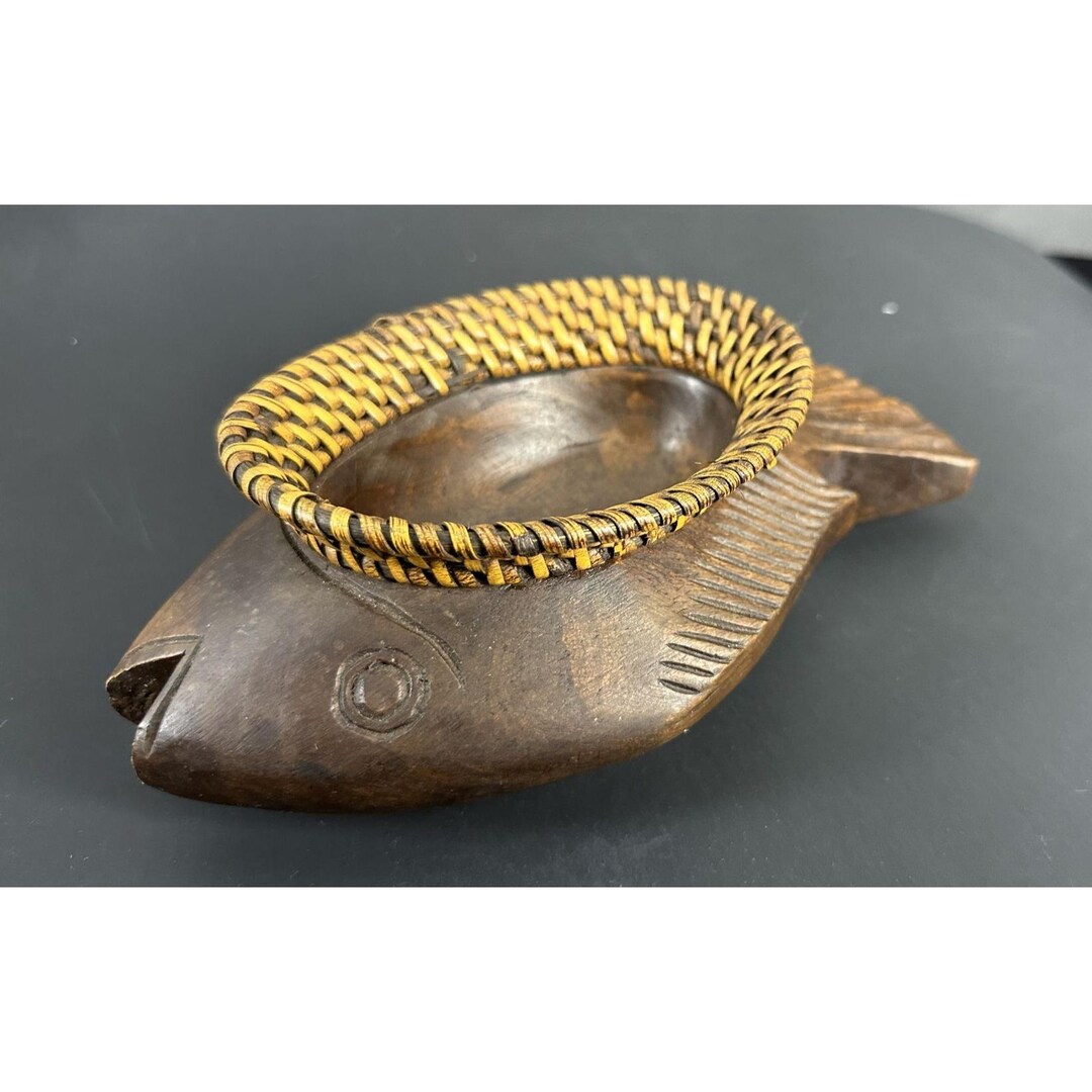 Hand-carved Wooden Fish Bowl With Woven Rim Folk Art Rustic Decor Beach ...