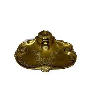 Vintage Unmarked Cast Brass Inkwell and Tray Mid 1900&#39;s
