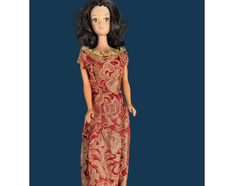 Vtg 1966 Mattel Steffie face sculpt Doll In Red & Gold Floral Gown Black Hair
