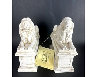 VTG House Parts Plaster Lying Lion Bookends NY Library Resting Lions with Tag Den Decor Bookshelf Classy