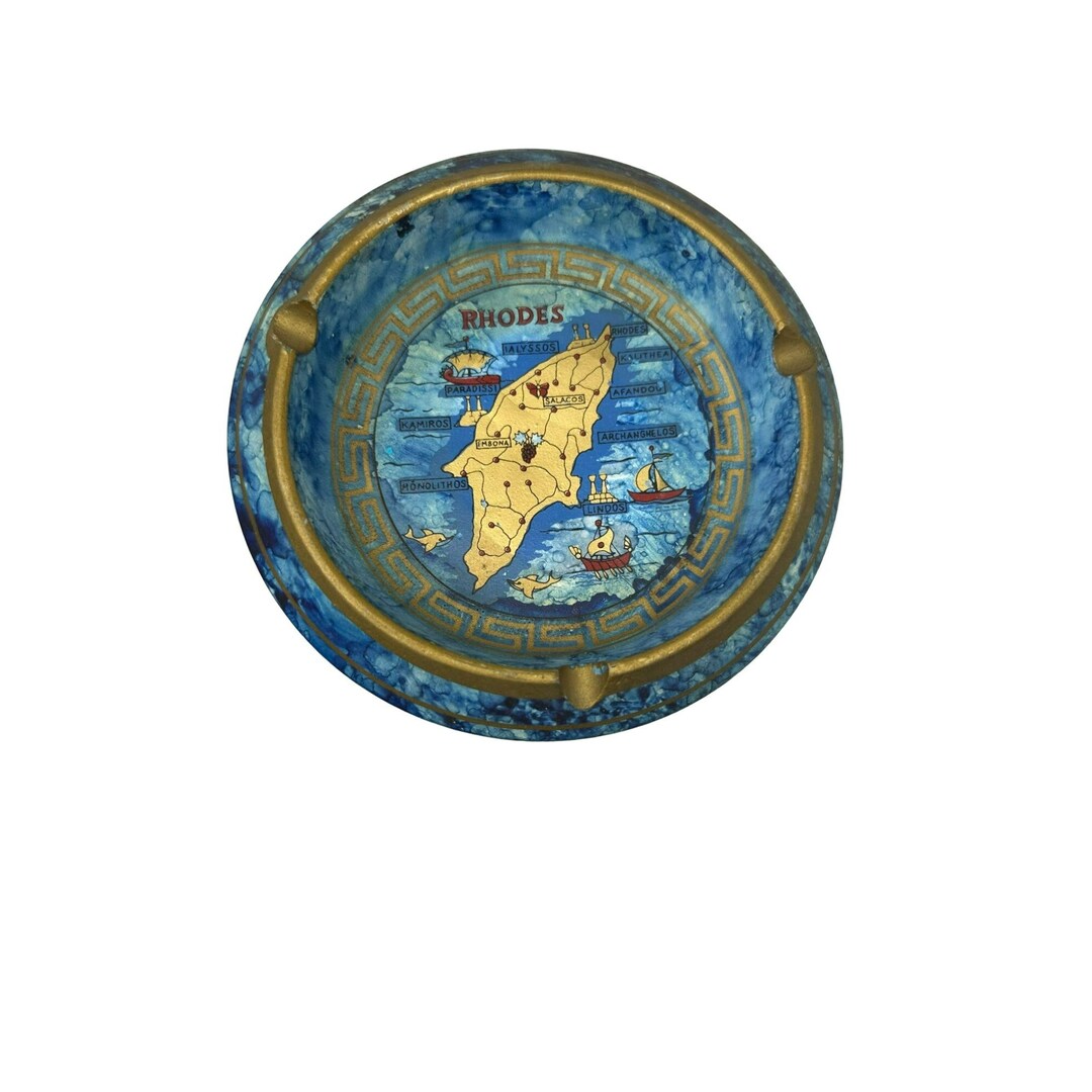 Vintage Souvenir Ashtray Pottery Decor Hand Painted Rhodes Greece Etsy