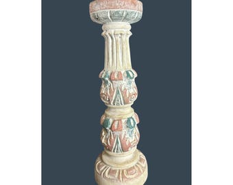Vtg Hand-Carved Wooden Pillar Candle Holder Ornate Floral & Geometric Details