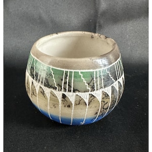 Puede incluir: Un pequeño cuenco redondo de cerámica con base blanca y un diseño geométrico en tonos verdes, azules y marrones.