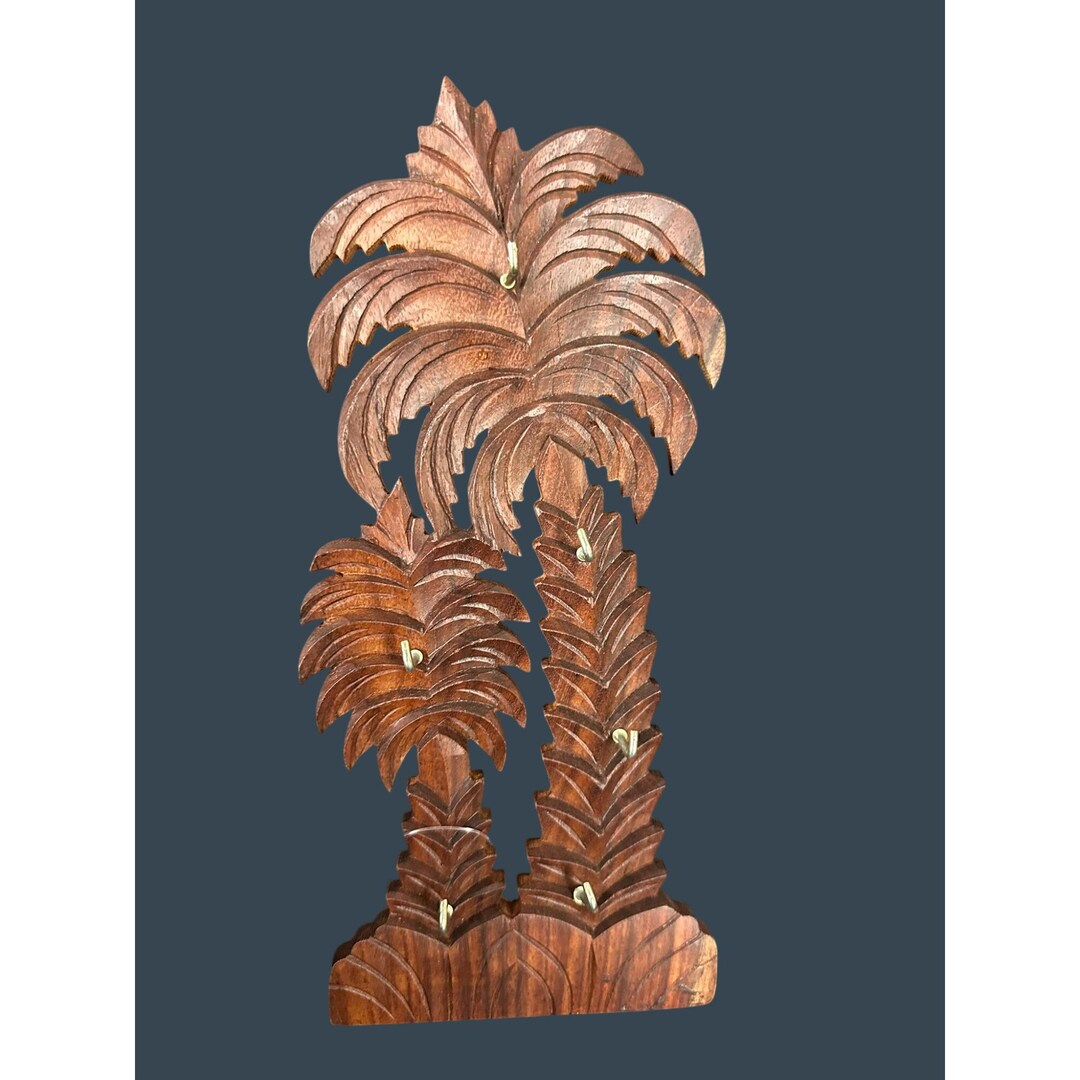 Hand-carved Wooden Palm Tree Key Rack 5 Metal Hooks & Wall Mount Beach ...