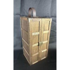 Vintage Wooden Wardrobe Box with Leather strap and Porcelain Doll