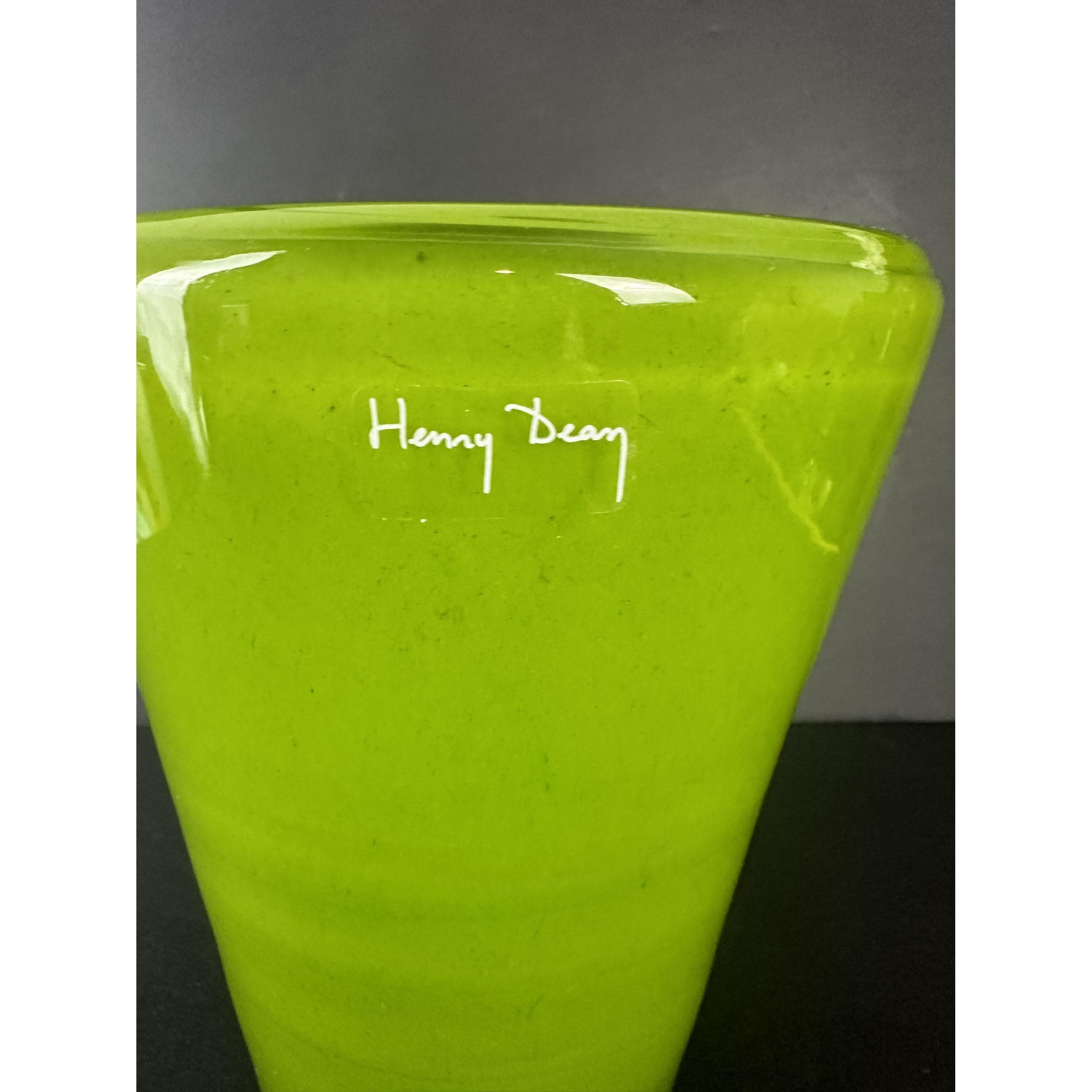 Henry Dean Handmade Lime Green Glass Vase Striped Designer Belgium