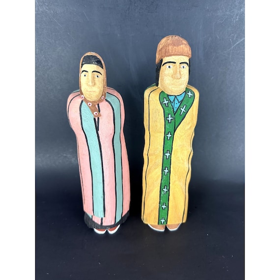 Dennis Pioche Polychrome Carved Wood Figures Pair Couple Man and