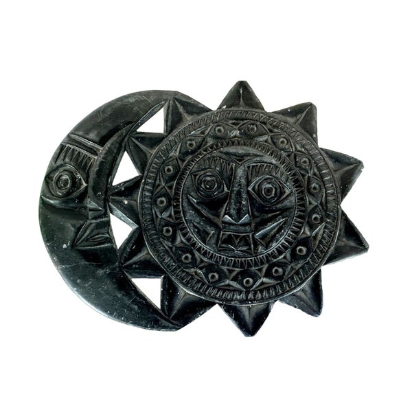 Sun and Moon Stone Slate Carving Carved Black Stone Inca Andean Sun & Moon Sculpture Vintage Handmade Celestial Talisman Altar