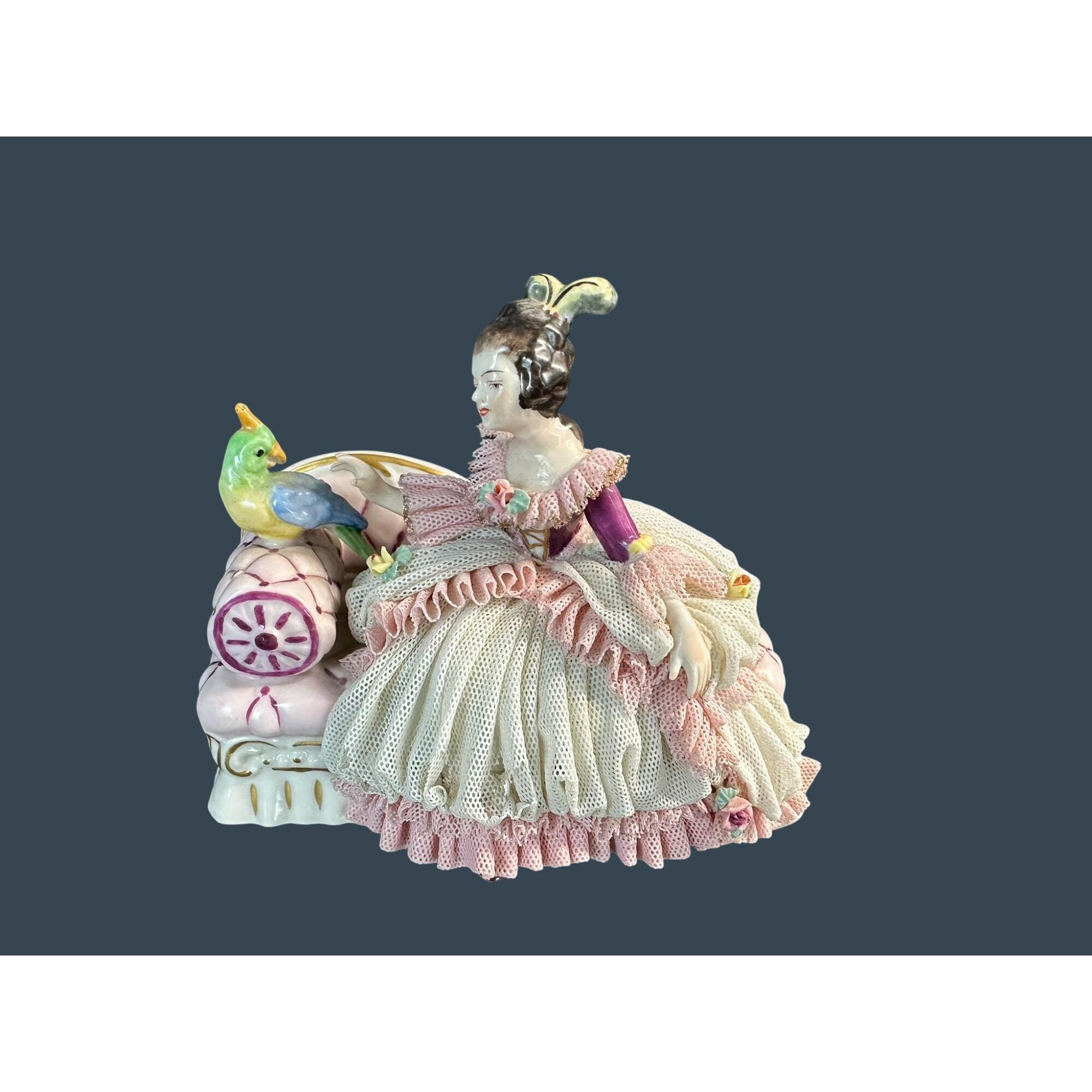 Dresden Art Porcelain Lace Figurine Woman With Parrot Frankenthal