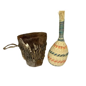 Small Vintage West African Drum and Rattle Cowhide Cover Dun Dun Caxixi Shaker Natural Grass Woven Bell inside