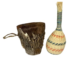 Small Vintage West African Drum and Rattle Cowhide Cover Dun Dun Caxixi Shaker Natural Grass Woven Bell inside