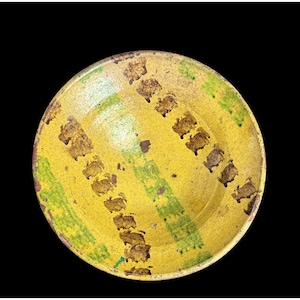 Antique Hand-Painted Yellow Green Rustic Earthenware Clay Bowl Slipware Abstract