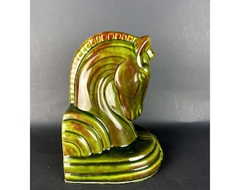 Vintage Ceramic Olive Green Horse Book End Art Deco Bookshelf Decor Trojan