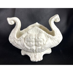 Vintage Small Ornate White Porcelain Vase With Cherub Faces & Scroll Handles Dish Bowl