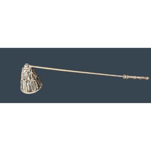 May include: A silver candle snuffer with a bell-shaped head and a long, slender handle. The head features an ornate, openwork design. The handle has a series of decorative rings near the end. The snuffer is set against a dark teal background.