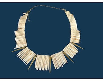 Vintage Tribal White Howlite Stone & Gold Tone Metal Spike Fringe Bib Necklace