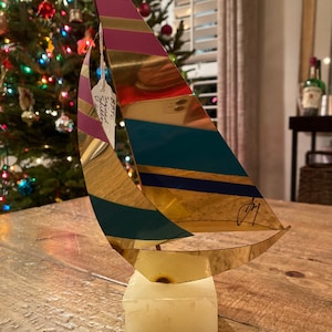 Vintage Metal Sailboat Sculpture Mid-Century nautical marble vase Decor 12” Signed by Artist