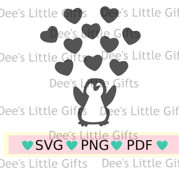 Baby Penguin Hearts Digital Cut File - SVG, PNG, PDF Digital Download for Cricut Silhouette Design Cutout