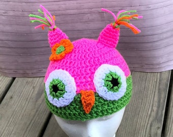 Crochet pink and green owl  beanie hat with orange flower