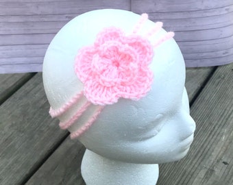 Crochet baby girl flower 3 strand headband in light pink