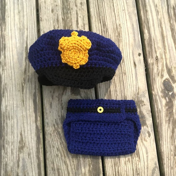 Crochet police beanie hat and diaper cover outfit set, photo prop