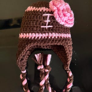 Crochet baby girl football beanie hat with ear covers and braids
