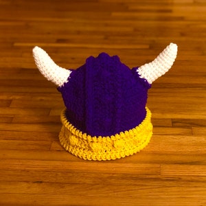 Crochet Minnesota vikings football helmet hat beanie, crochet viking helmet with horns, football season, newborn threw large adult size