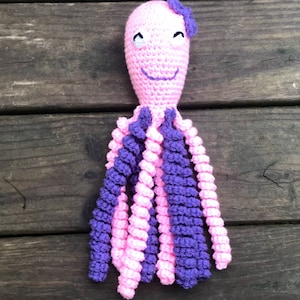 crochet girl light pink preemie baby stuffed octopus toy with purple bow