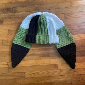 Crochet tri  color bunny ears hat, green, white and black multi color bunny ears beanie