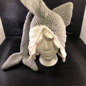 Gorro holgado de crochet, gorro de ataque de tiburón de crochet, gorro de crochet con dientes de tiburón, gorro de crochet con orejeras, gorro de crochet con tiburón gris.
