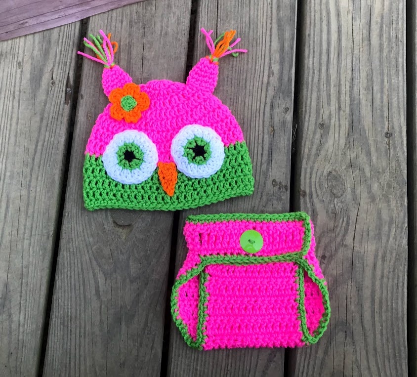 Crochet Owl Beanie and Diaper Cover Set: Pink & Green, Newborn Photo Prop